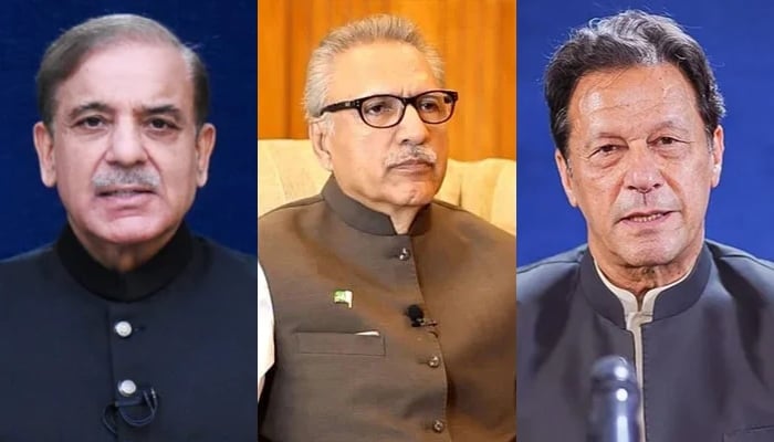 Prime Minister Shehbaz Sharif (L), President Dr Arif Alvi (C) and PTI Chairman Imran Khan (R). — Prime Ministers Office/Twitter/PTI