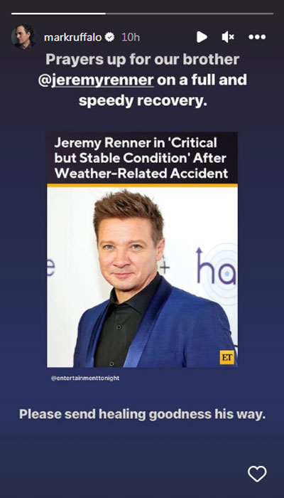 Mark Ruffalo urges fans to pray for Avengers co-star Jeremy Renner after horror accident