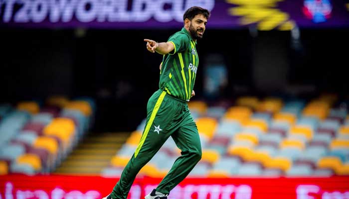 Pakistans Haris Rauf celebrates his wicket of Afghanistans Azmatullah Omarzai during the ICC mens Twenty20 World Cup 2022 cricket warm-up match between Afghanistan and Pakistan at the Gabba in Brisbane on October 19, 2022. — AFP
