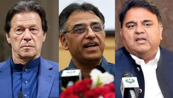 (Left to right) Combo photo shows PTI leaders Imran Khan, Asad Umar, and Fawad Chaudhry. — AFP/PID/File