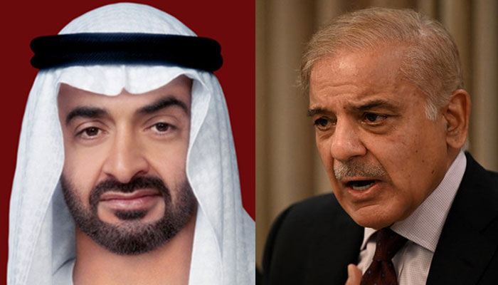 متحدہ عرب امارات کے صدر شیخ محمد بن زید النہیان (بائیں) اور وزیر اعظم شہباز شریف۔  — تصویر بشکریہ WAM/AFP/File