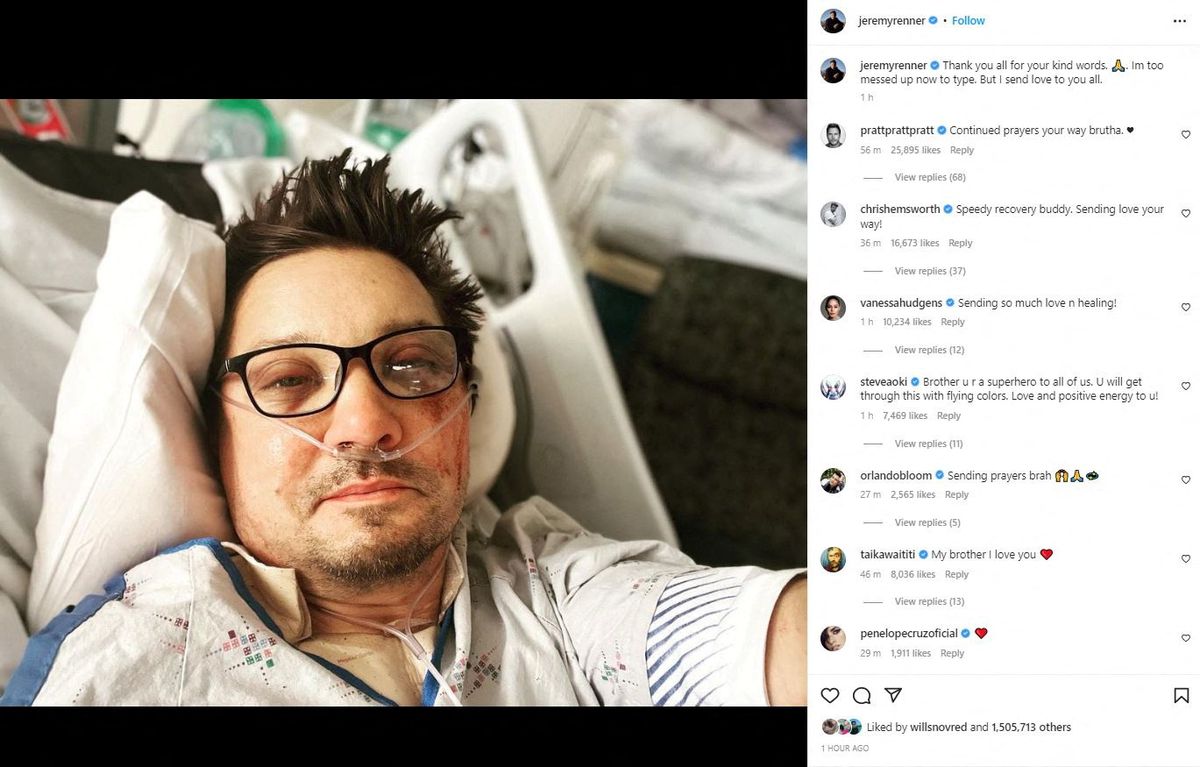 Jeremy Renner, Marvels Hawkeye, posts first selfie after snow plow accident