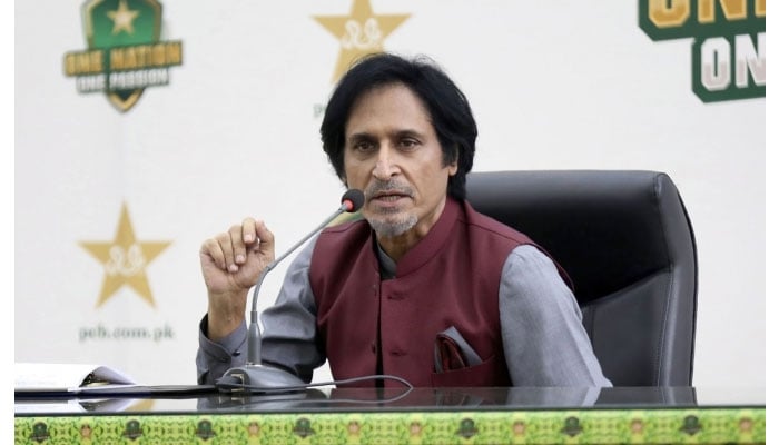 Former Pakistan Cricket Board (PCB) chairman Ramiz Raja speaking to a press conference. — PCB/File