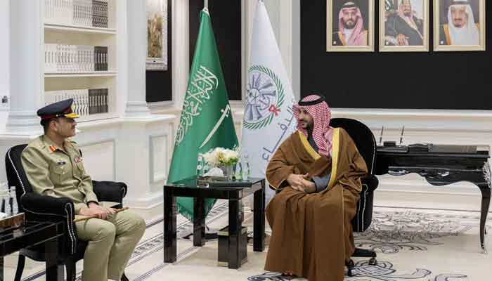 COAS Gen Asim Munir calls on Saudi Arabia Defennce Minister Khalid bin Salman in Riyadh. -SPA