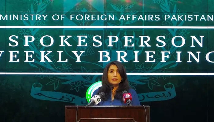 Foreign Office Spokesperson Mumtaz Zahra Baloch addressing the weekly press briefing.  Facebook/PTI