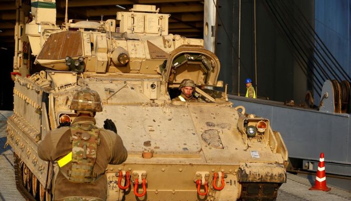 U.S. Army Bradley Fighting Vehicle leaves ship during operation Atlantic Resolve rotation in Riga port, Latvia October 16, 2019. Reuters