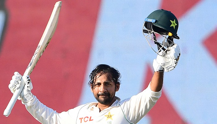 Pakistans Sarfaraz Ahmed celebrates after scoring a century (100 runs) during the fifth and final day of the second cricket Test match between Pakistan and New Zealand at the National Stadium in Karachi on January 6, 2023. — AFP