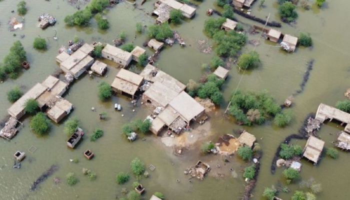 An aerial view of a flooded residential area in Dera Allah Yar in Jaffarabad district, Balochistan on August 30, 2022. — AFP