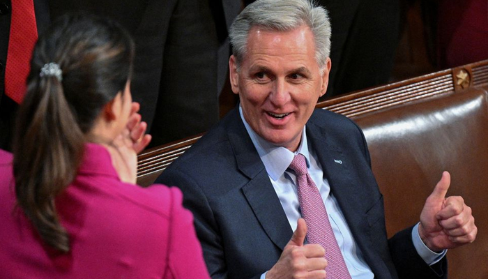 US House Republican Leader Kevin McCarthy gives two thumbs up — Reuters