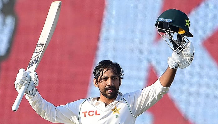 Sarfaraz Ahmed celebrates during the fifth and final day of the second cricket Test match between Pakistan and New Zealand after scoring a century (100 runs) on January 6, 2023. — AFP