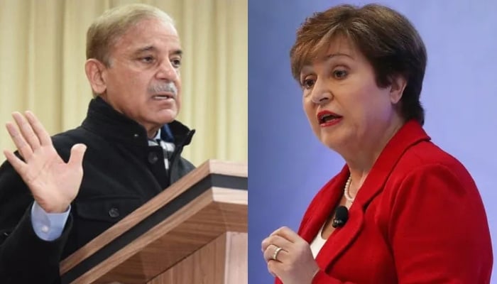 Prime Minister Shehbaz Sharif (L) andInternational Monetary Fund (IMF) Managing Director Kristalina Georgieva (R). — PID/AFP