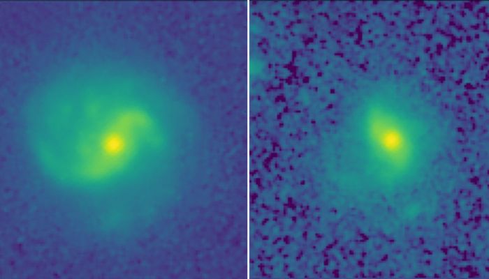 EGS-23205 and EGS-24268, both from 11 billion years ago, when the universe was only 25% of its present age by Hubble Telescope (right), JWST (left).— Twitter/@Ramon_E_G