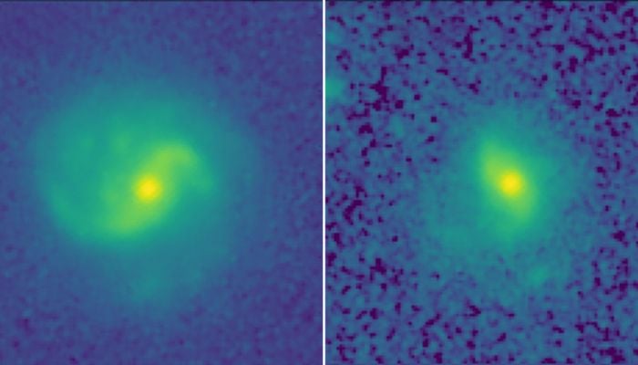 EGS-23205 and EGS-24268, both from 11 billion years ago, when the universe was only 25% of its present age by Hubble Telescope (right), JWST (left).— Twitter/Ramon_E_G