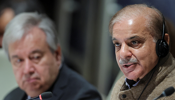 Prime Minister Shehbaz Sharif and United Nations Secretary General Antonio Guterres attend a summit on climate resilience in Pakistan January 9, 2023. — Reuters