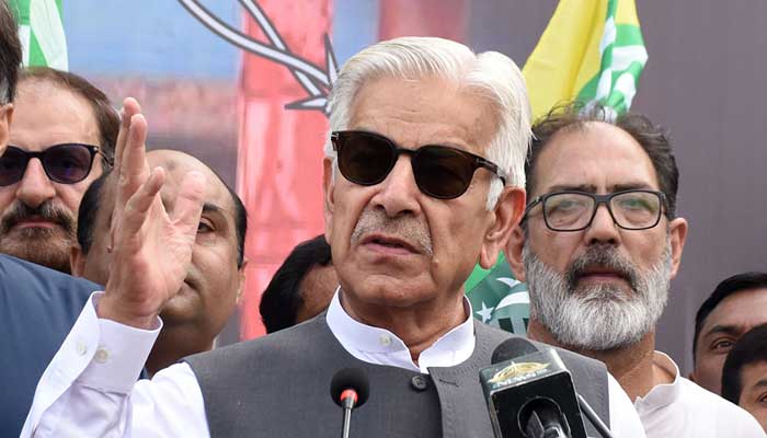Federal Defence Minister Khawaja Asif addressing during a walk on the eve of Youm e Istehsal to extend solidarity with the people of Kashmir at the Constitution Avenue in Islamabad on August 5, 2022. — Online