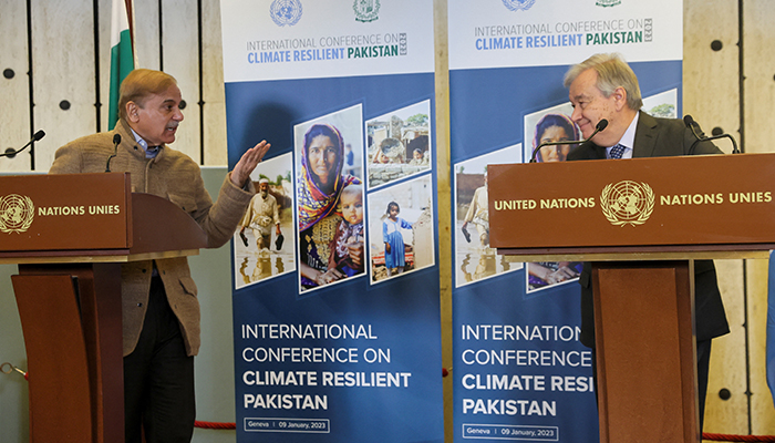 Pakistans Prime Minister Shehbaz Sharif and United Nations Secretary-General Antonio Guterres attend a news conference, during a summit on climate resilience in Pakistan, months after deadly floods in the country, at the United Nations, in Geneva, Switzerland, January 9, 2023. — Reuters