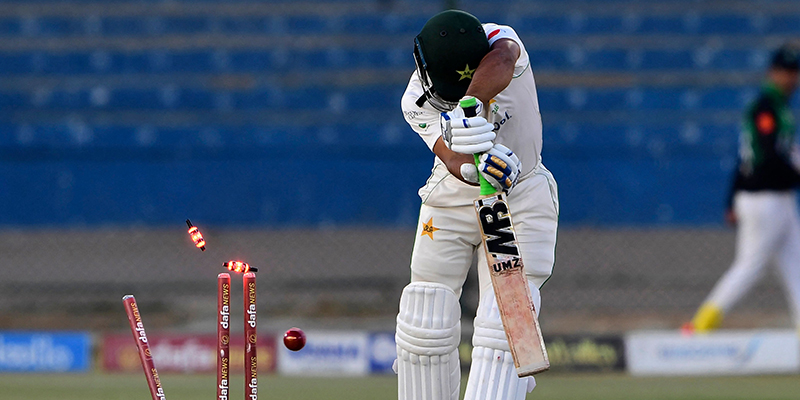 Pakistans Abdullah Shafique is clean bowled by New Zealands captain Tim Southee (not pictured) during the fourth day of the second cricket Test match between Pakistan and New Zealand at the National Stadium in Karachi on January 5, 2023. — AFP