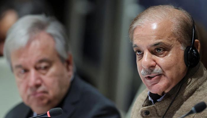 Pakistans Prime Minister Shehbaz Sharif and United Nations Secretary General Antonio Guterres attend a summit on climate resilience in Pakistan, months after deadly floods in the country, at the United Nations, in Geneva, Switzerland, January 9, 2023. — Reuters