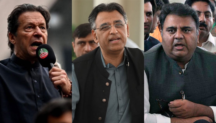 Pakistan Tehreek-e-Insaf leaders Imran Khan, Asad Umar and Fawad Chaudhry. — AFP/File