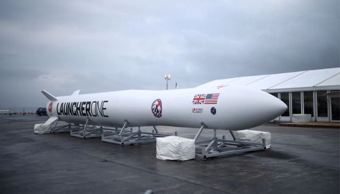 A replica model of Virgin Orbits LauncherOne rocket sits in a media area ahead of UKs First launch at Newquay Airport in Newquay, Britain, January 8, 2023.— Reuters