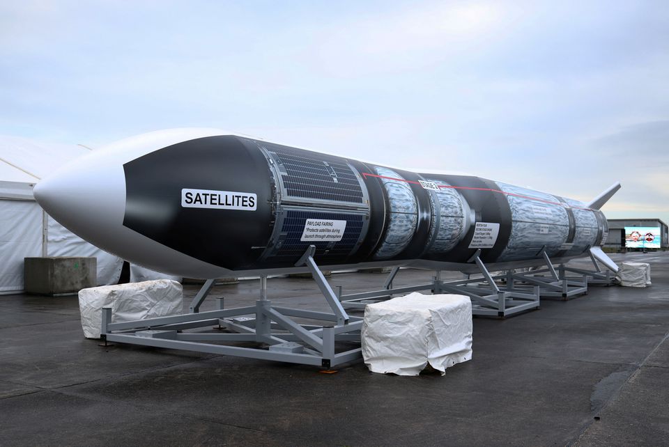 A replica model of Virgin Orbits LauncherOne rocket sits in a media area ahead of UKs First launch at Newquay Airport in Newquay, Britain, January 8, 2023.— Reuters