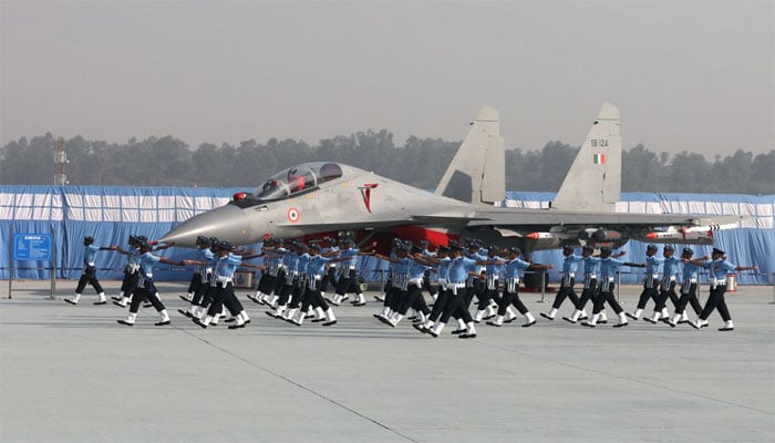 The Sukhoi-30MKI jet is seen during 88th Air Force Day parade at Hindon Air Force Station in Ghaziabad, India. — Reuters/File