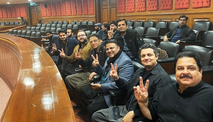 PTI leaders gesture during a Punjab Assembly session on January 11, 2023 in Lahore. —Twitter/AzharMashwani 