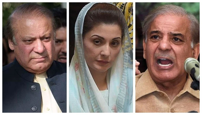 PML-N leaders Nawaz Sharif, Maryam Nawaz and Prime Minister Shehbaz Sharif. Geo News/File