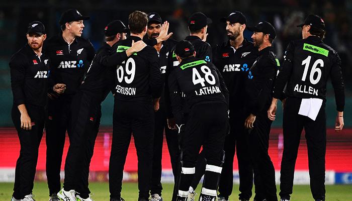New Zealands players celebrate after the dismissal of Pakistans Imam-ul-Haq (not pictured) during the second one-day international (ODI) cricket match between Pakistan and New Zealand at the National Stadium in Karachi on January 11, 2023. — AFP