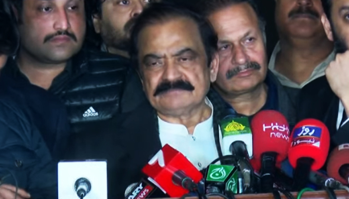 Interior Minister Rana Sanaullah speaks to journalists outside the Punjab Assembly in Lahore on January 12, 2023. — YouTube/GeoNews