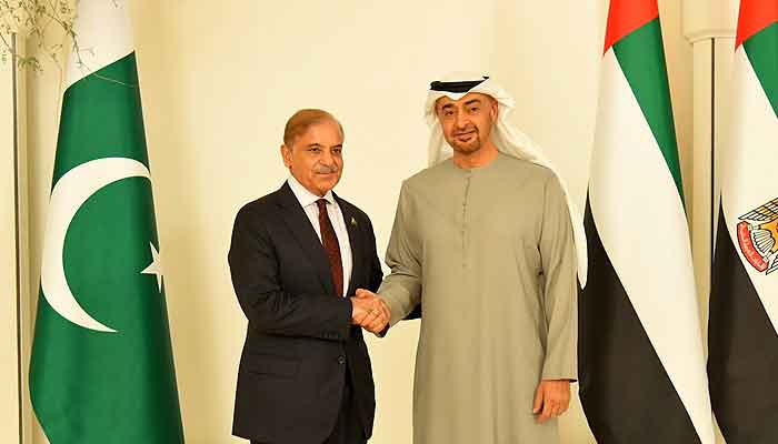 Prime Minister Shehbaz Sharif meets UAE President Sheikh Mohamed bin Zayed in Abu Dhabi.