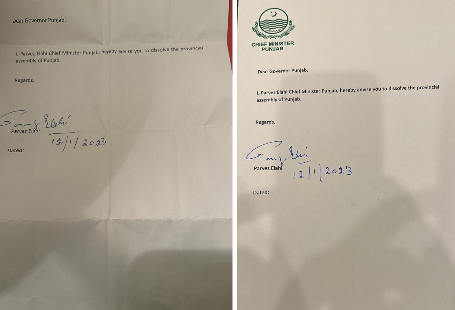 The old letter (left) and the new letter issued by Punjab Chief Minister Parvez Elahi on January 12, 2023. — Twitter/MusarratCheema