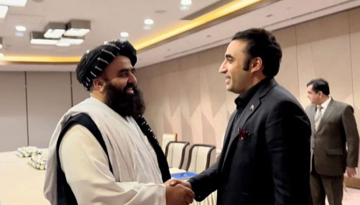 Acting Foreign Minister of Afghanistan Amir Khan Muttaqi (left) and Foreign Minister Bilawal Bhutto-Zardari shake hands in this undated photo.  — APP