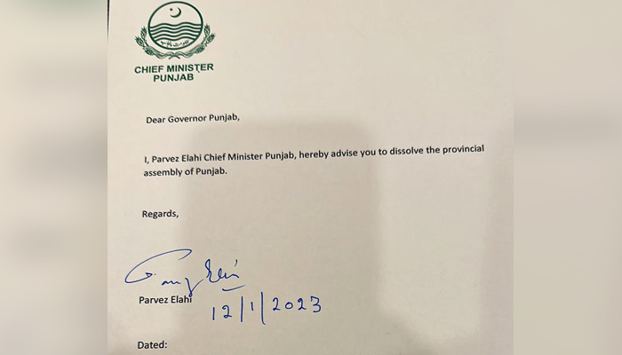 The summary signed by Punjab CM Parvez Elahi for the dissolution of the provincial assembly on January 12, 2023. — Twitter/PTI