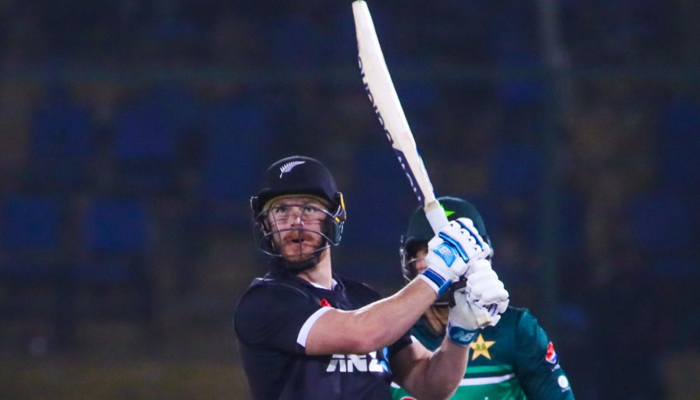 New Zealands Glenn Phillips hits a shot during the third and final one-day international (ODI) cricket match between Pakistan and New Zealand at the National Stadium in Karachi on January 13, 2023. — Twitter/TheRealPCB