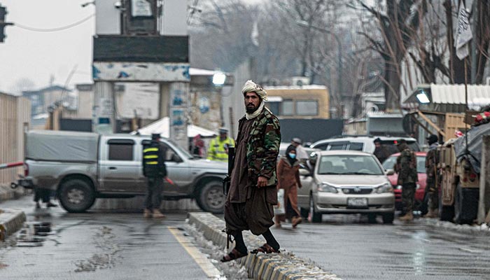 A member of Taliban security force stands guard on a blocked road after a suicide blast near Afghanistans foreign ministry at the Zanbaq Square in Kabul on January 11, 2023. — AFP