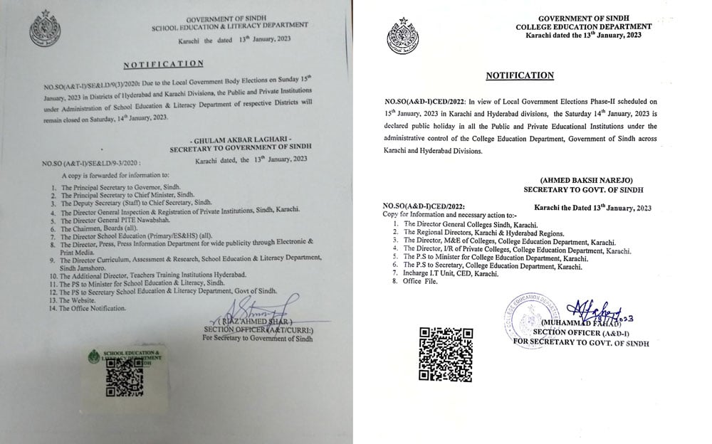 The notifications issued by the School Education and Literacy Department (left) and College Education Department on January 13, 2023. — Photos by author