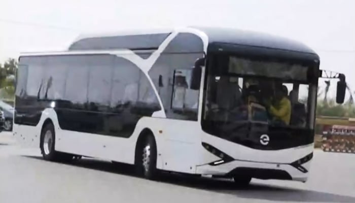 A screengrab showing the electric bus launched in Karachi. — Twitter/@sharjeelinam