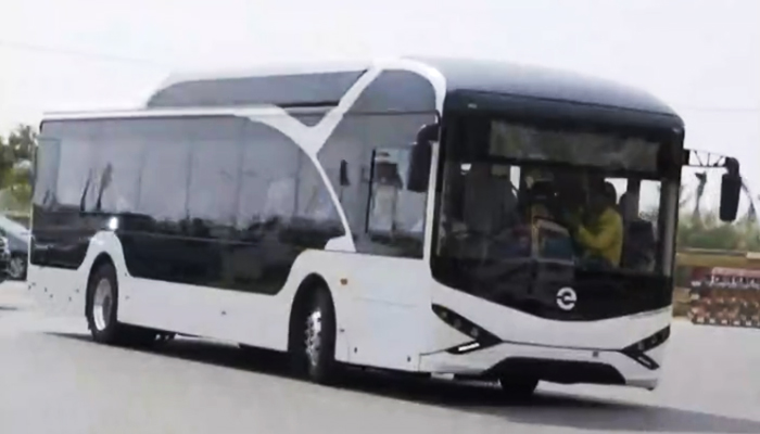 A screengrab showing the electric bus launched in Karachi. — Twitter/sharjeelinam