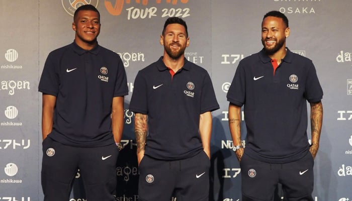 (From left) Paris Saint-Germain trio Kylian Mbappe, Lionel Messi, and Neymar. — AFP/File