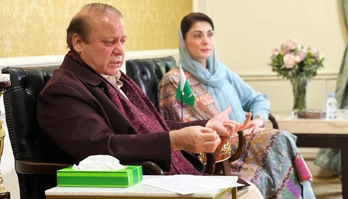 Former prime minister Nawaz Sharif (left) and Maryam Nawaz during a press conference in London. — Twitter/@MaryamNSharif