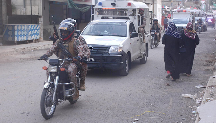 Rangers patrolling at fairing incident locality in Landhi during a by-election on June 6, 2022. — INP