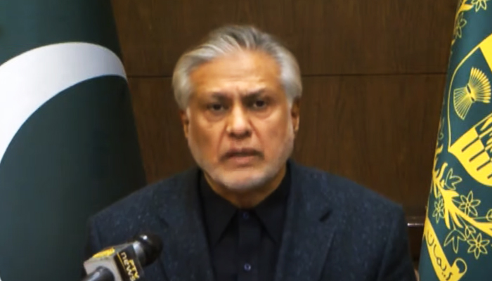 Finance Minister Ishaq Dar announcing the price of petroleum products during a press conference. — YouTube/PTVNewsLive