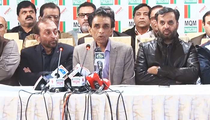 Muttahida Qaumi Movement–Pakistans leaders address a press conference at the partys headquarters in Karachi’s Bahadurabad area on January 15, 2023. — Screengrab via YouTube/Dunya News