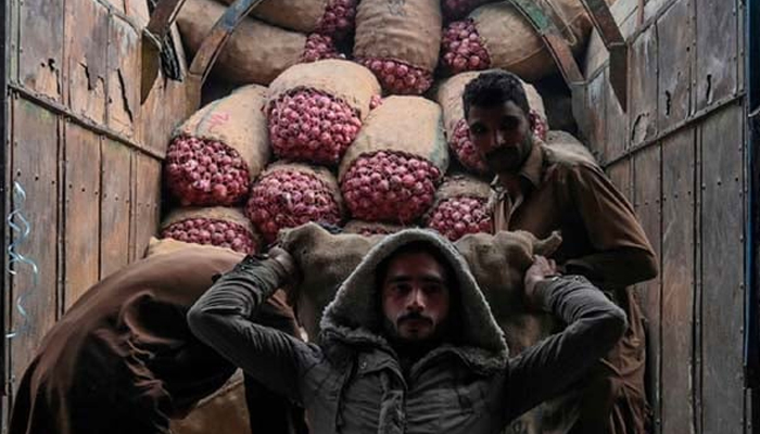 LAbourers carry sacks of onions in this undated photograph in Lahore. — AFP/File