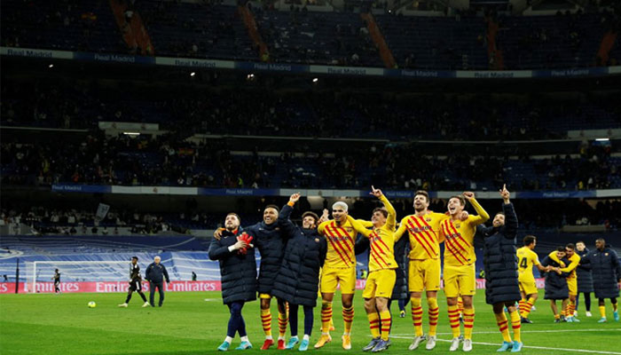 FC Barcelona players celebrate after the match. — Reuters/File