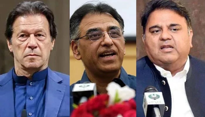 PTI leaders Imran Khan, Asad Umar, and Fawad Chaudhry. — AFP/PID/File