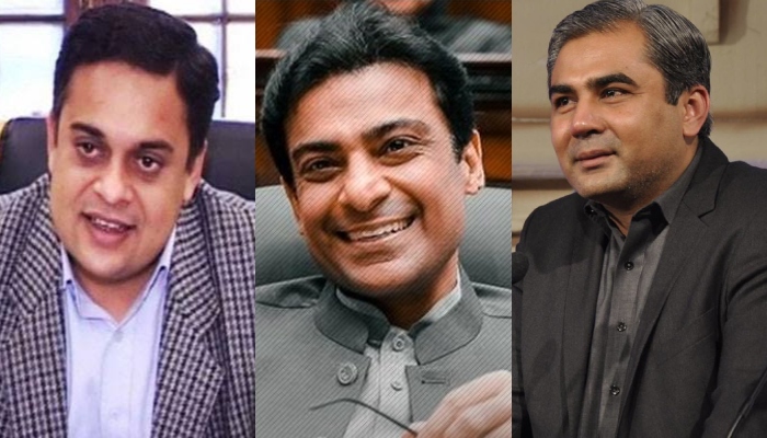 PM Adviser Ahad Cheema (left), PML-N leader Hamza Shehbaz and journalist Mohsin Naqvi. — Twitter/VishalSehgal4U/HamzaSS/MohsinnaqviC42