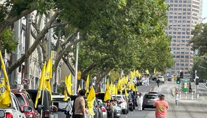 Supporters of the Khalistan Referendum carrying flags of the Khalistan movement during the rally. — Author