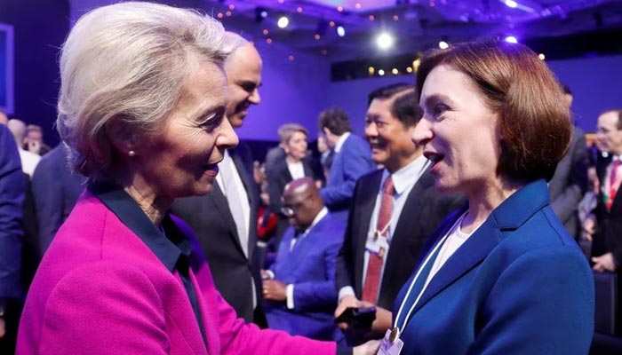 President of Moldova, Maia Sandu (right) being welcomed by EU Commission President Ursula von der Leyen during the annual World Economic Forum 2023 in Davos, Switzerland, January 17, 2023. — Reuters